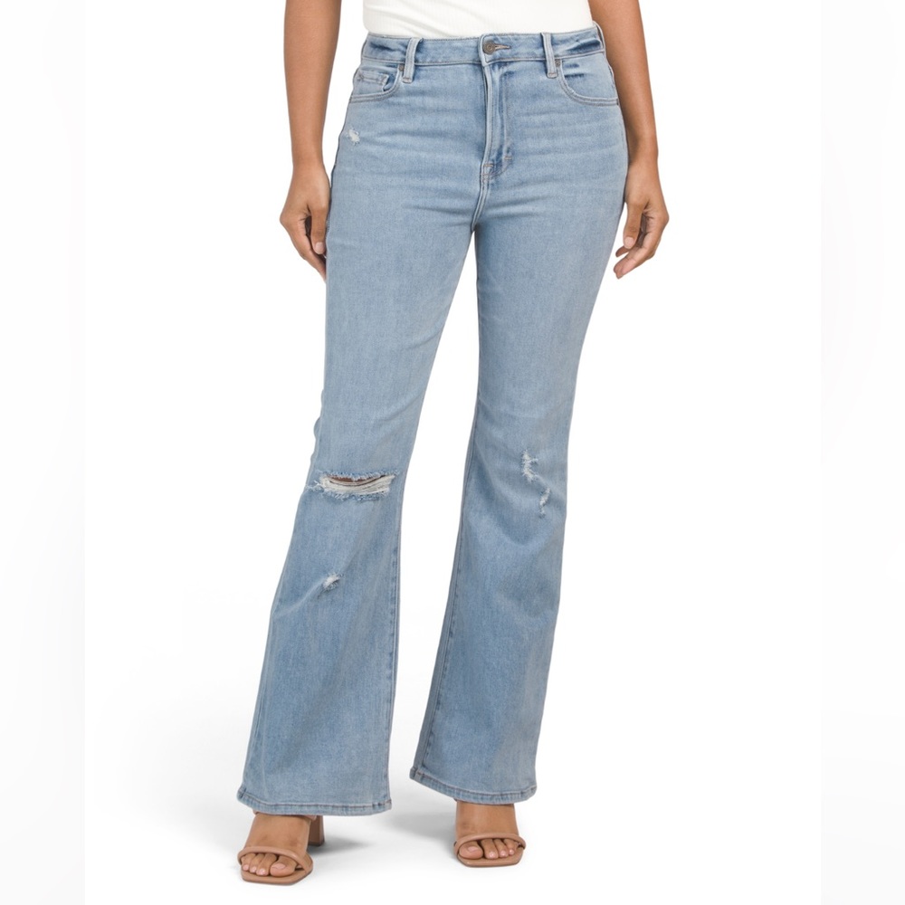 Hidden distressed flare jeans